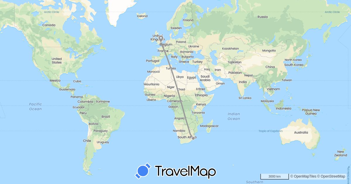 TravelMap itinerary: driving, plane in France, United Kingdom, South Africa (Africa, Europe)